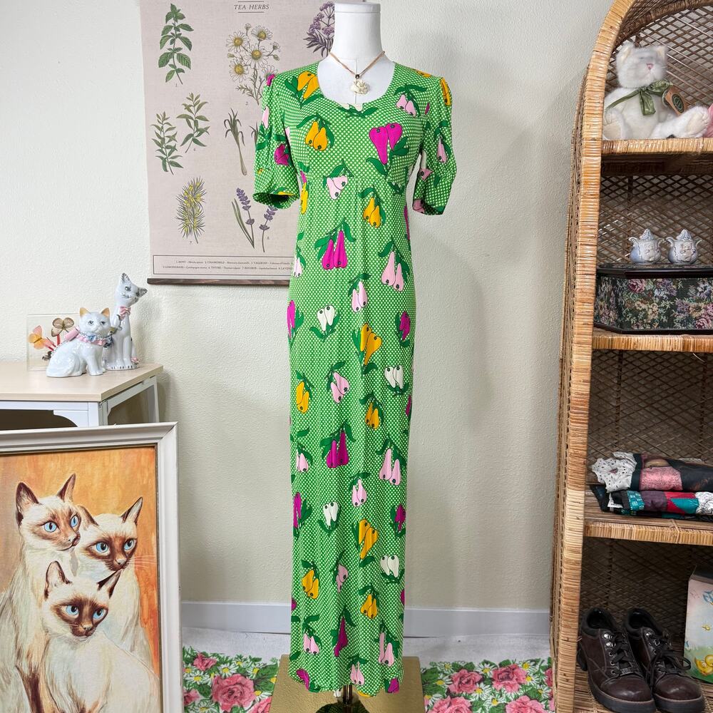 Vintage 70s Polka Dot Pear Print Tie Back Maxi Dress Retro Mod Whimsy Twee S